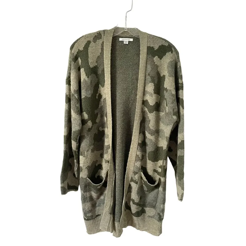 American Eagle Camouflage Oversized Long Open Front Cardigan Army Green Size XS